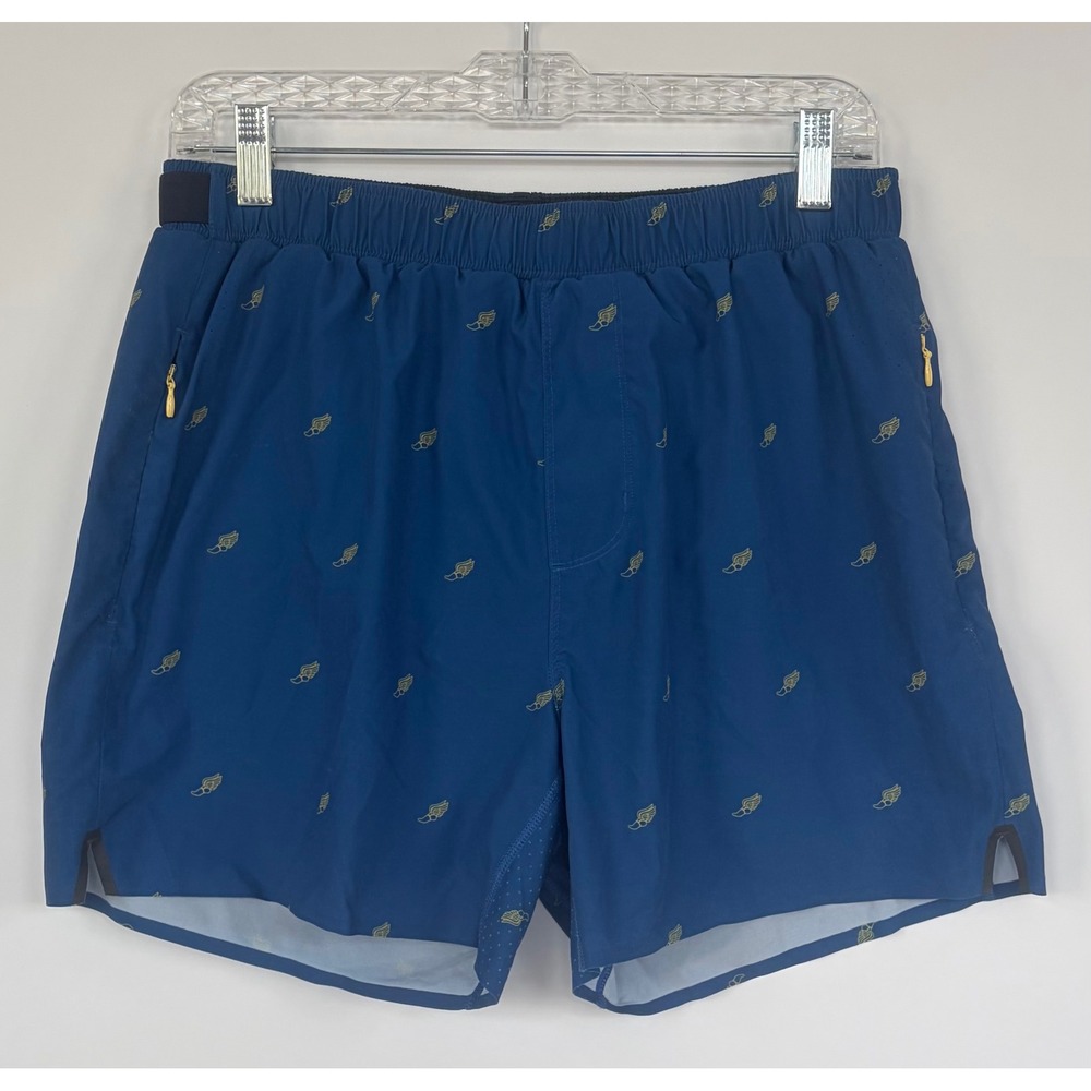 Rhone Swift Running Shorts Mens Medium Blue Gold Winged Foot Print 6 Inch Inseam